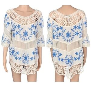 Oliver Crochet Embroidery Tunic Floral Top Blue‎ Cream Cotton Womens Size Medium
